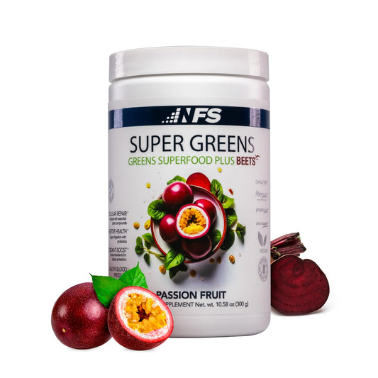 NF Sports Super Greens beet power tub shows a beet-rich greens blend for daily vitality