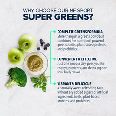 NF Sports Super Greens green apple flavor smoothie glass highlights refreshing tastes
