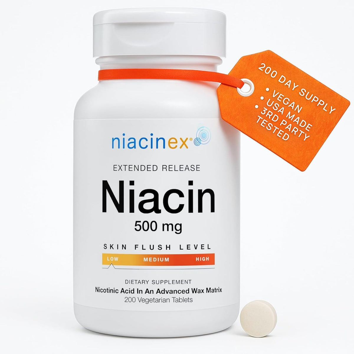 Niacinex niacin-500mg tablet bottle for daily heart-health support.