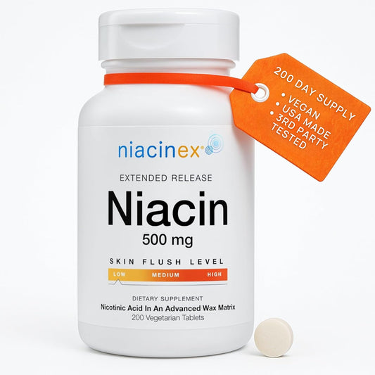 Niacinex niacin-500mg tablet bottle for daily heart-health support.