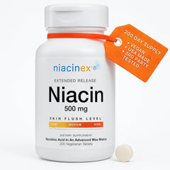 Niacinex niacin-500mg tablet bottle for daily heart-health support.