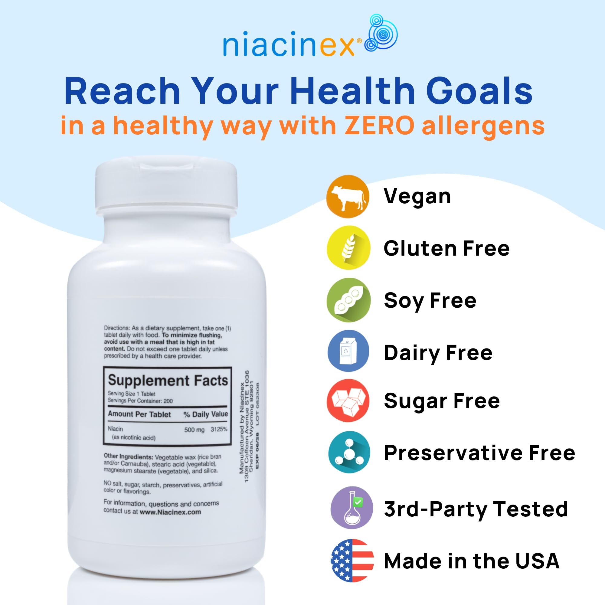 Niacinex vegan formulation label highlighting plant-based ingredients.