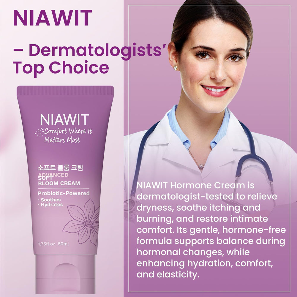 NIAWIT Estrogen Cream in bathroom mirror scene for daily care.