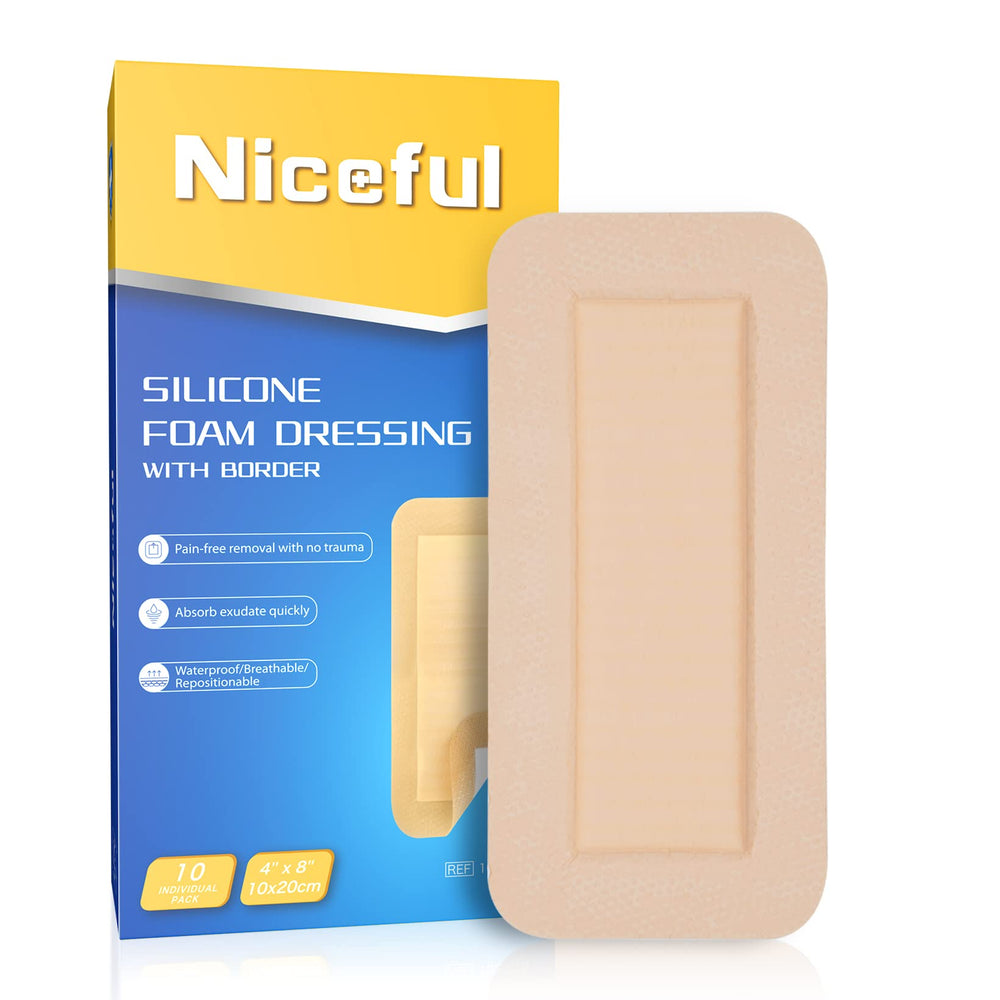 Niceful silicone foam dressing 4x8 box demonstrates sterile packaging for safe wound care.