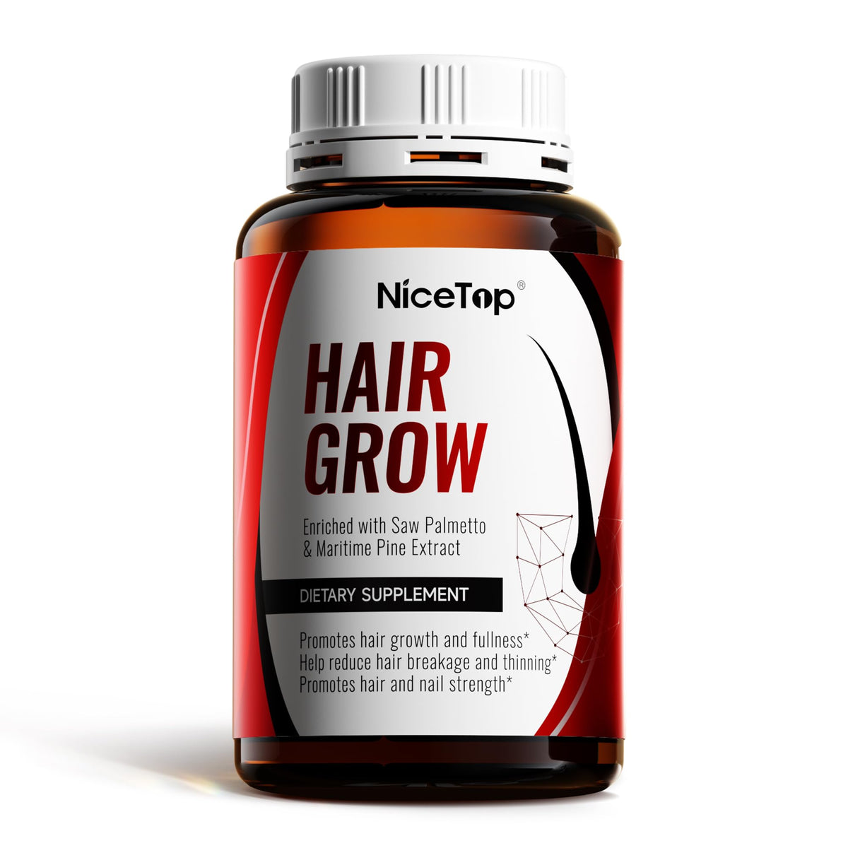 NiceTop Hair Growth softgels bottle highlighting strength and growth support.