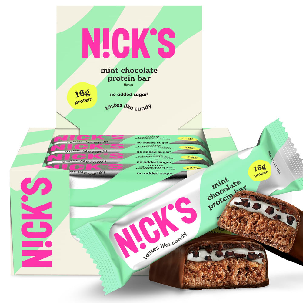 N!CK'S Mint Chocolate protein bar pack showing keto-friendly, high-protein snack for busy days