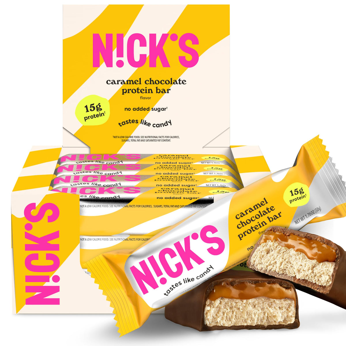 Nick's Protein Bars Chocolate Caramel, gooey center and chocolate shell, keto-friendly snack.