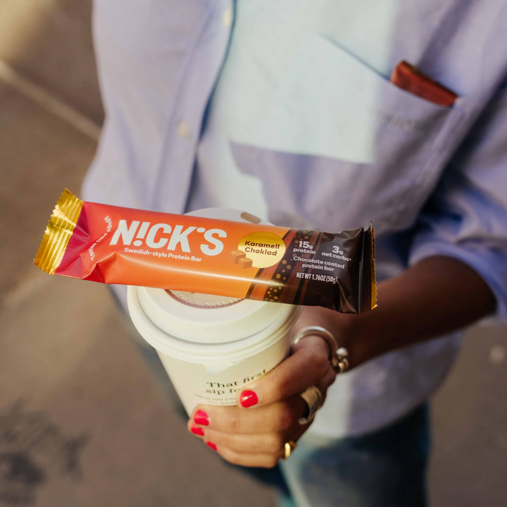 Nutrition facts panel visible on Nick's Protein Bars Chocolate Caramel.