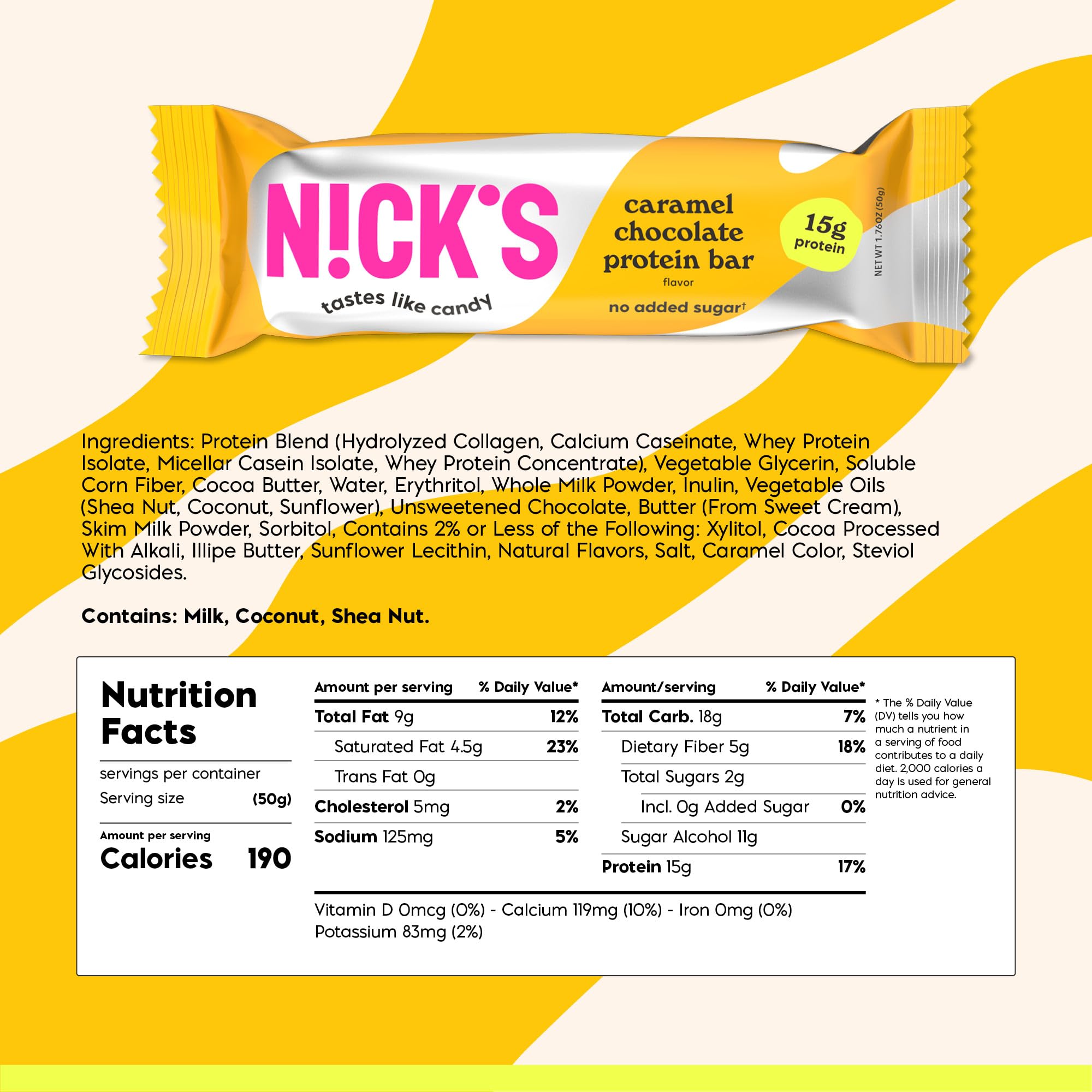 Nick's Protein Bars Chocolate Caramel packaging, convenient 12-bar box for on-the-go snacking.