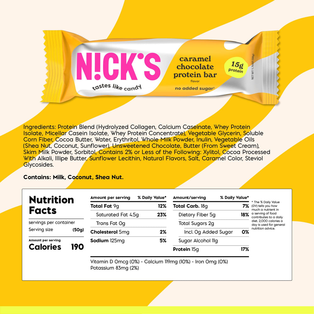 Nick's Protein Bars Chocolate Caramel packaging, convenient 12-bar box for on-the-go snacking.