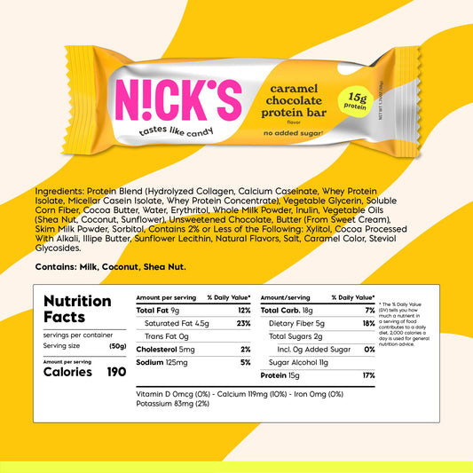 Nick's Protein Bars Chocolate Caramel packaging, convenient 12-bar box for on-the-go snacking.