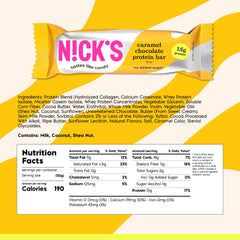 Nick's Protein Bars Chocolate Caramel packaging, convenient 12-bar box for on-the-go snacking.