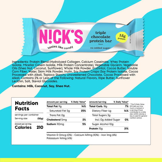 Nick’s Protein Bars Triple Chocolate close-up shows creamy texture and rich flavor.