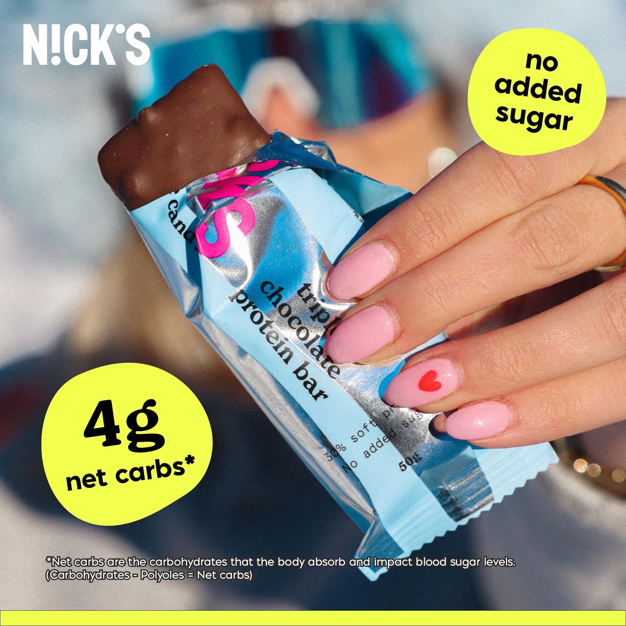 Nick’s Protein Bars Triple Chocolate nutrition label emphasizes high protein and low carbs.