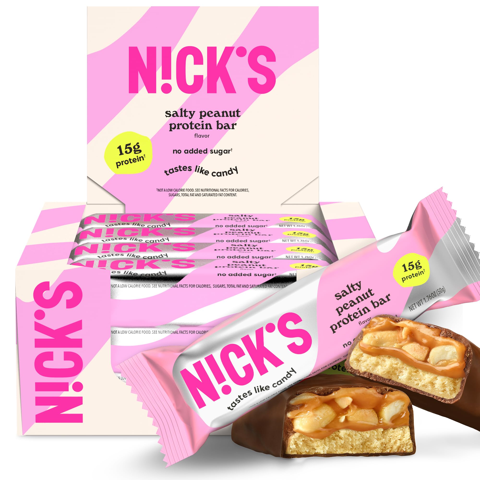 N!CK'S salty peanut chocolate bar in package, on-the-go protein snack.