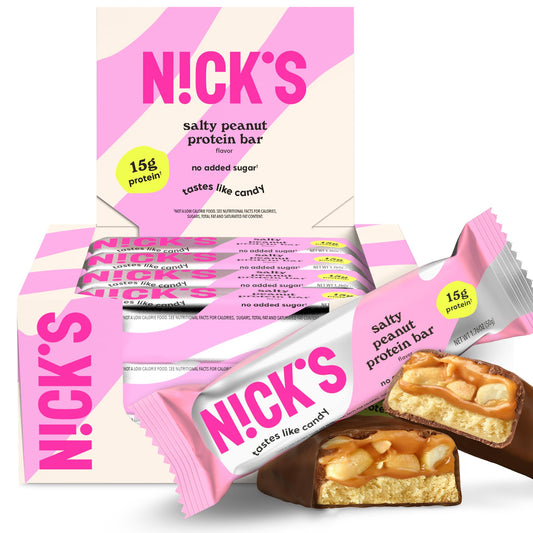 N!CK'S salty peanut chocolate bar in package, on-the-go protein snack.