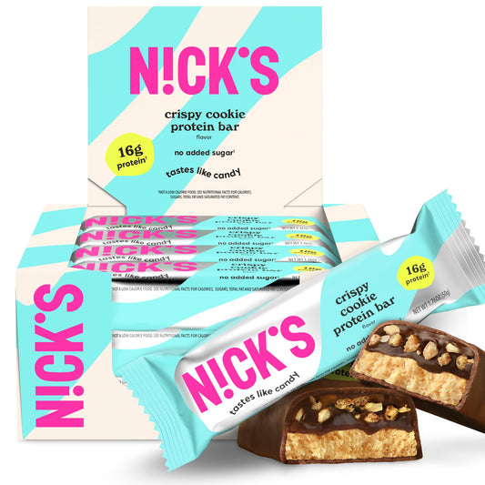 Nick's Protein Bars Crispy Cookie Chocolate packaging front, convenient post-workout snack.