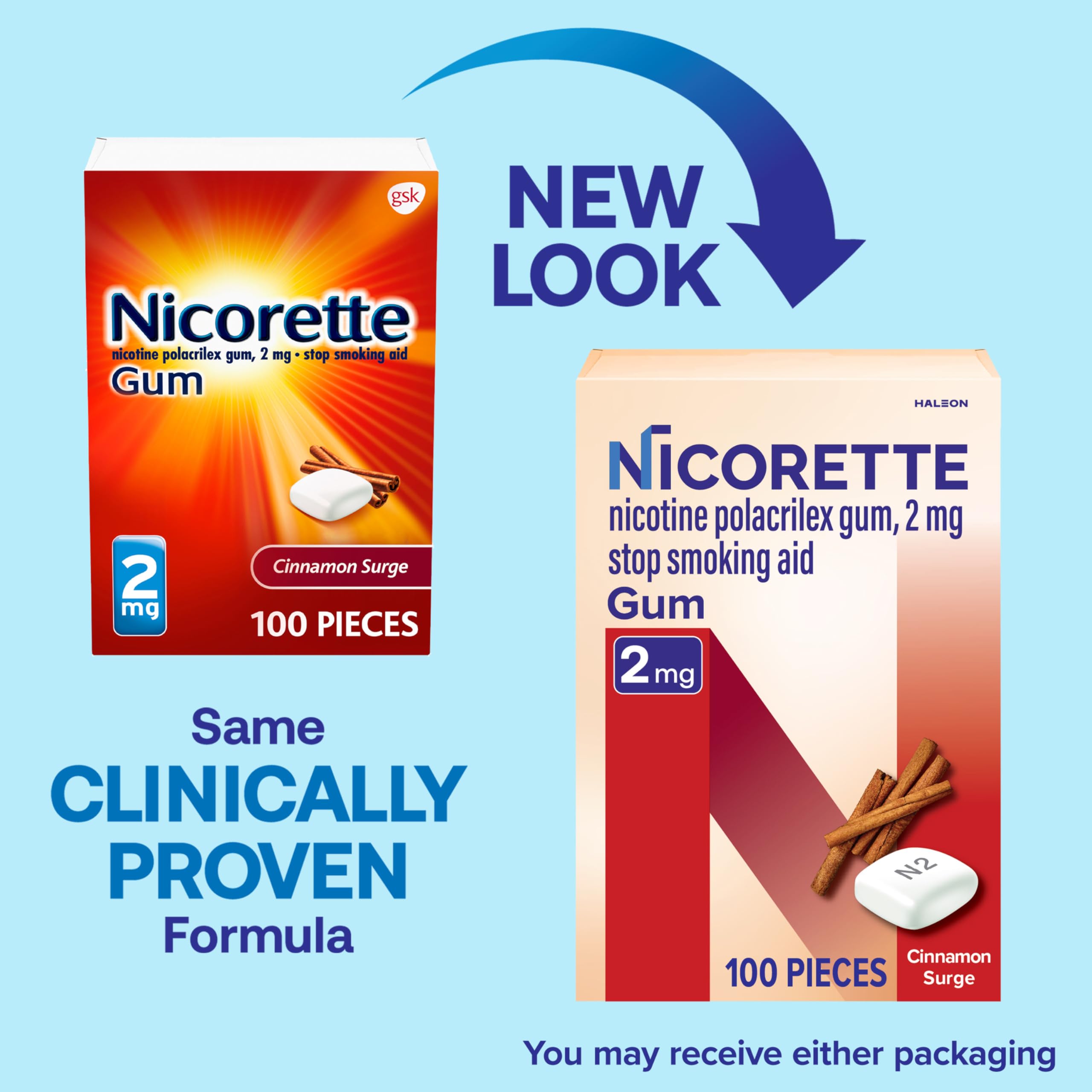 Nicorette Cinnamon Surge gum blister pack shown for on-the-go relief during quitting.