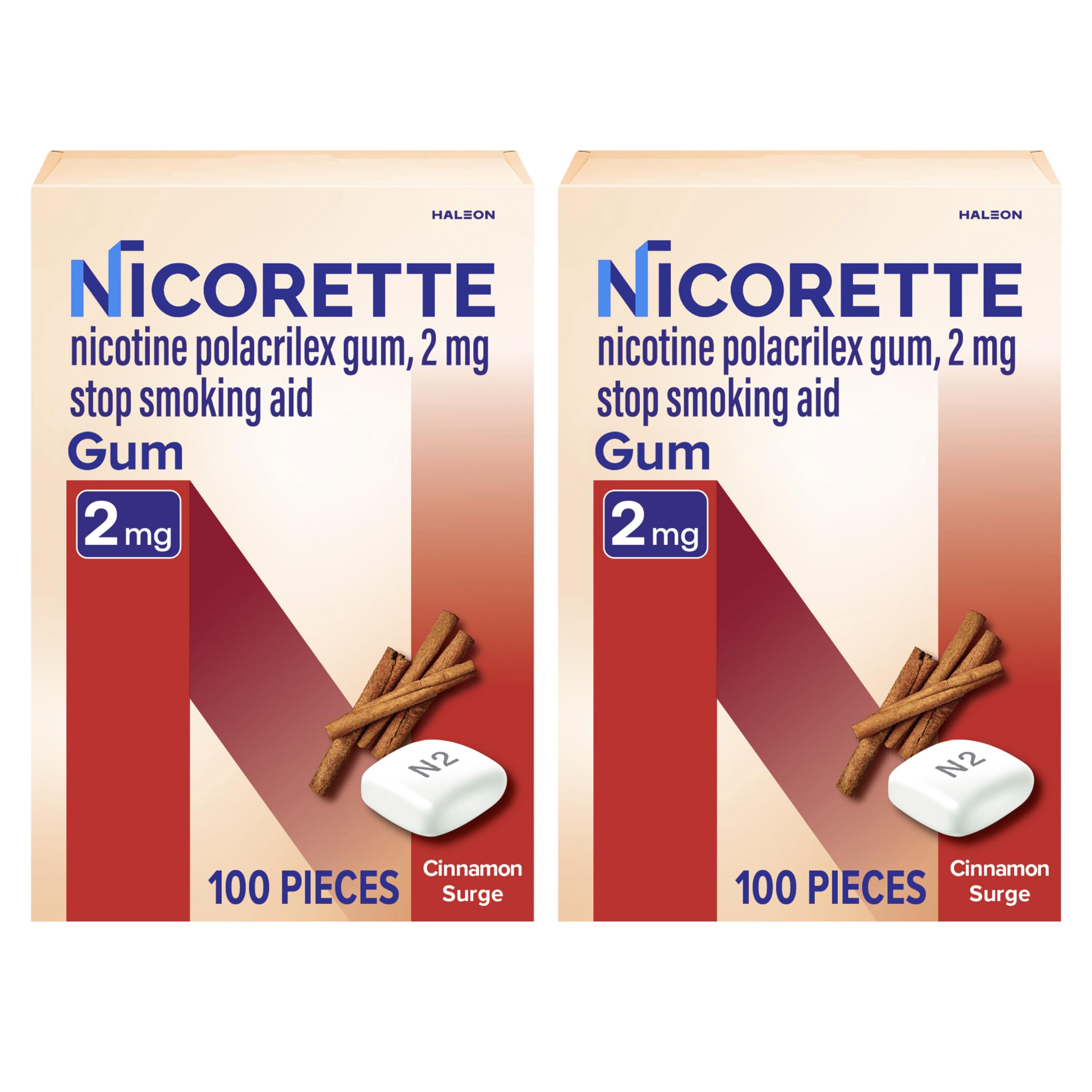 Nicorette 2 mg Cinnamon Surge gum pack with 2x100 pieces for quitting support.