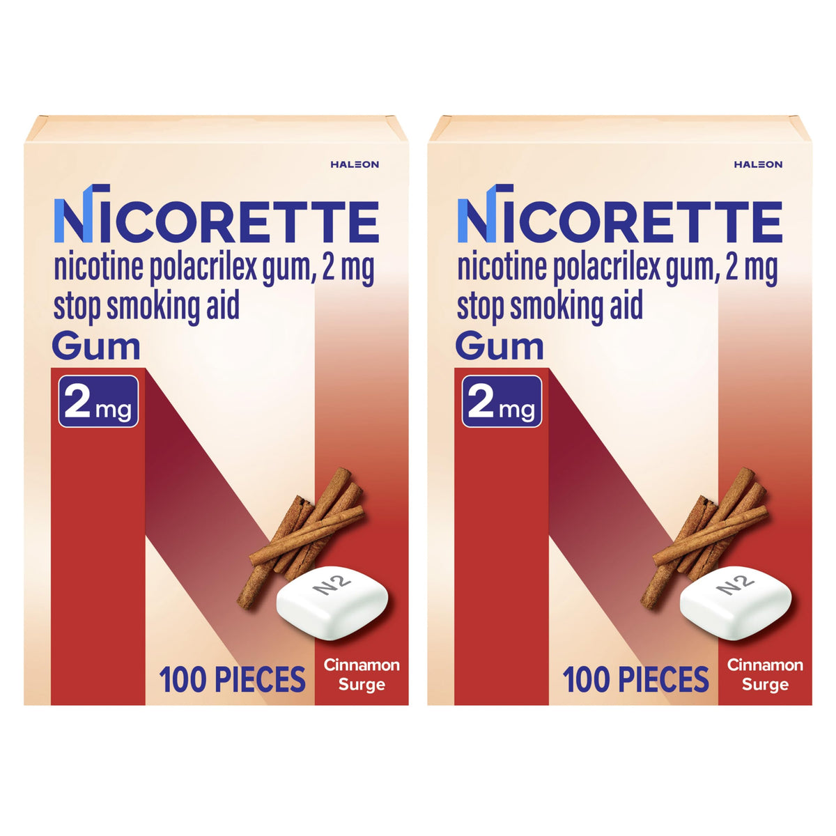 Nicorette 2 mg Cinnamon Surge gum pack with 2x100 pieces for quitting support.