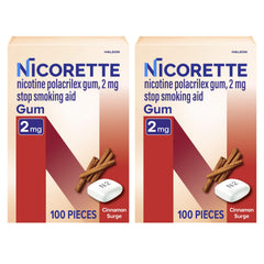 Nicorette 2 mg Cinnamon Surge gum pack with 2x100 pieces for quitting support.