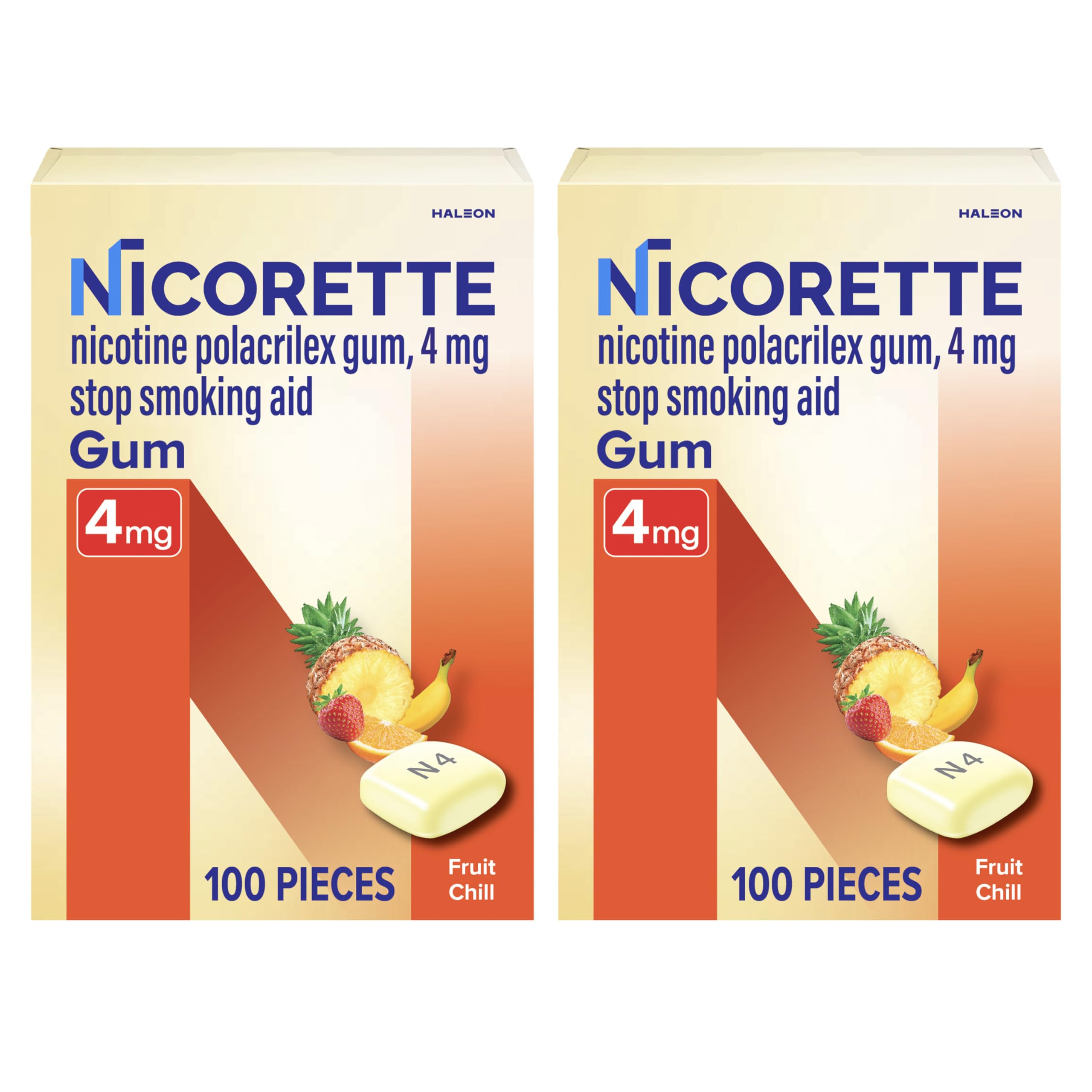 Nicorette 4 mg Fruit Chill gum pack on table, convenient quitting aid.