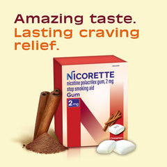 Nicorette coated chewing gum Cinnamon Surge showing flavor-coated texture for quick relief.