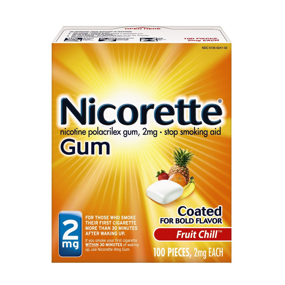 Nicorette fruit chill gum pack, a refreshing quit smoking aid.