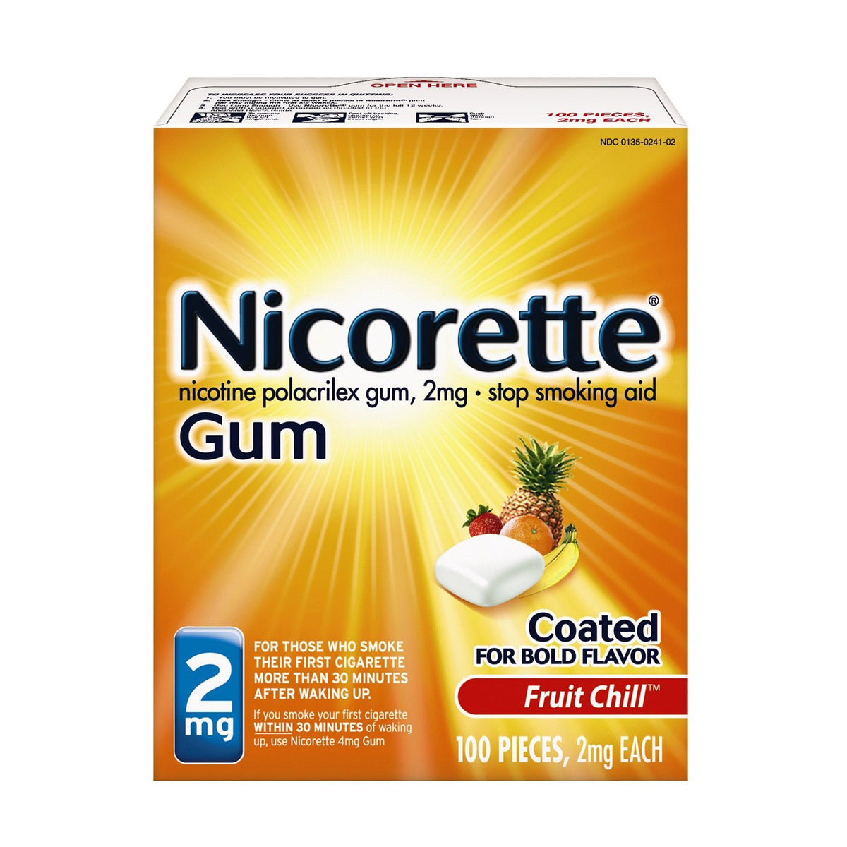 Nicorette fruit chill gum pack, a refreshing quit smoking aid.