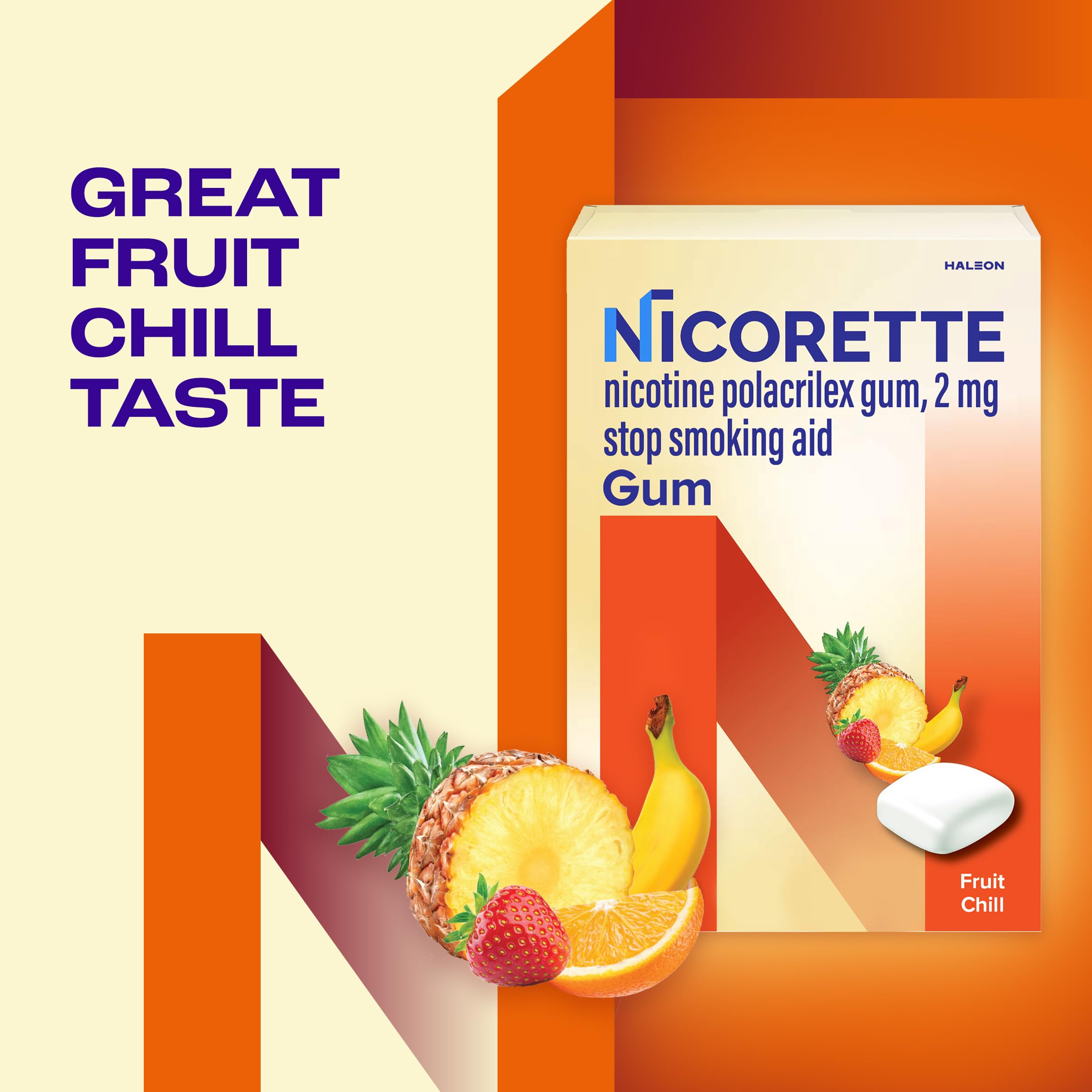 Nicorette Fruit Chill gum flavor burst for ongoing motivation