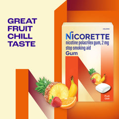 Nicorette Fruit Chill gum flavor swirl conveys refreshing taste.