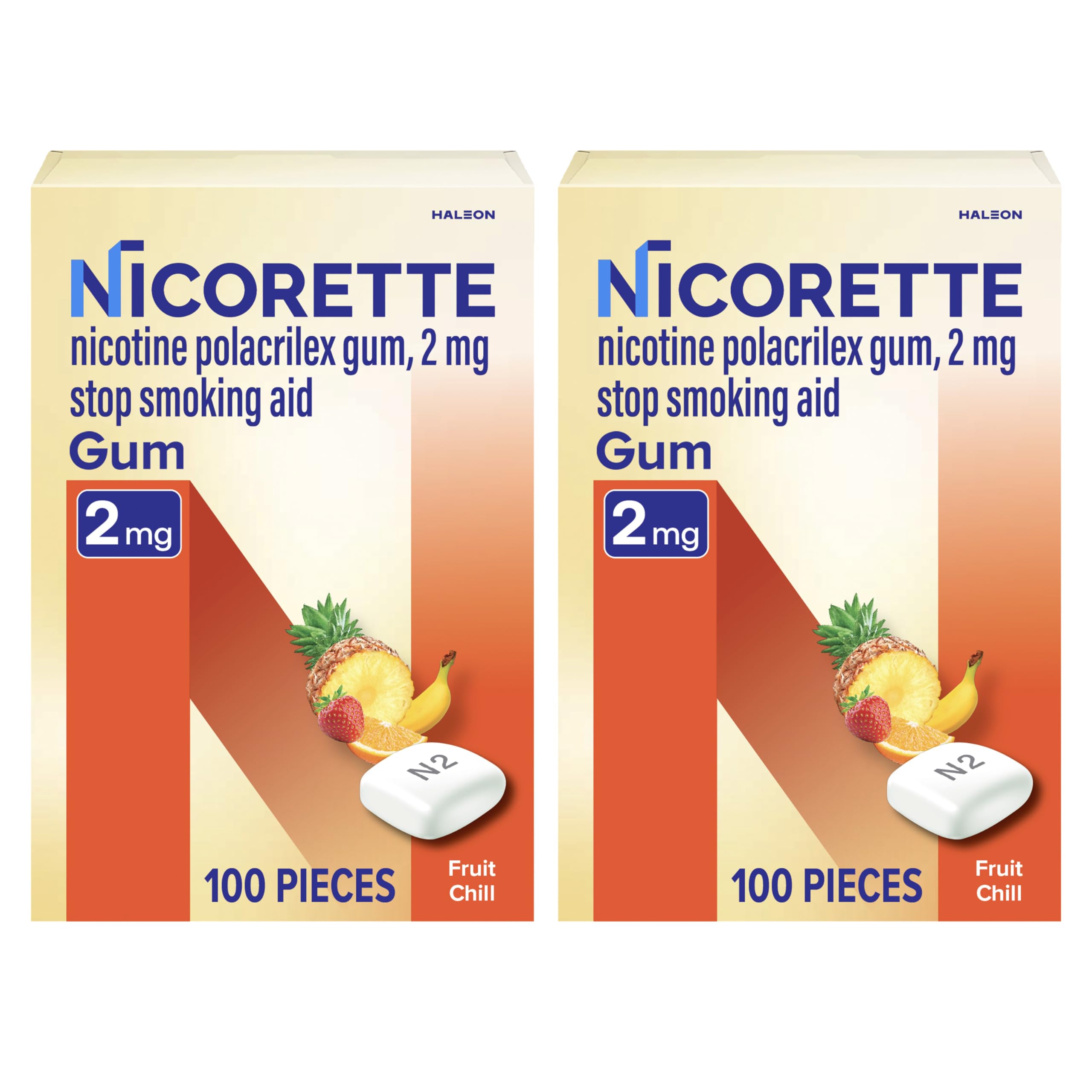 Nicorette Fruit Chill gum pack front with 200 pieces for cravings relief.