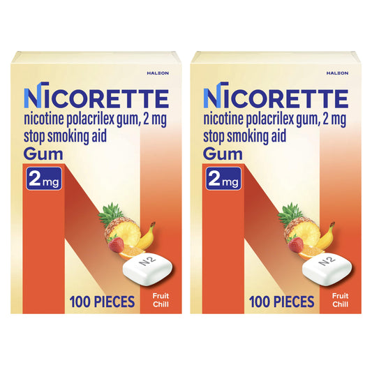 Nicorette Fruit Chill gum pack front with 200 pieces for cravings relief.