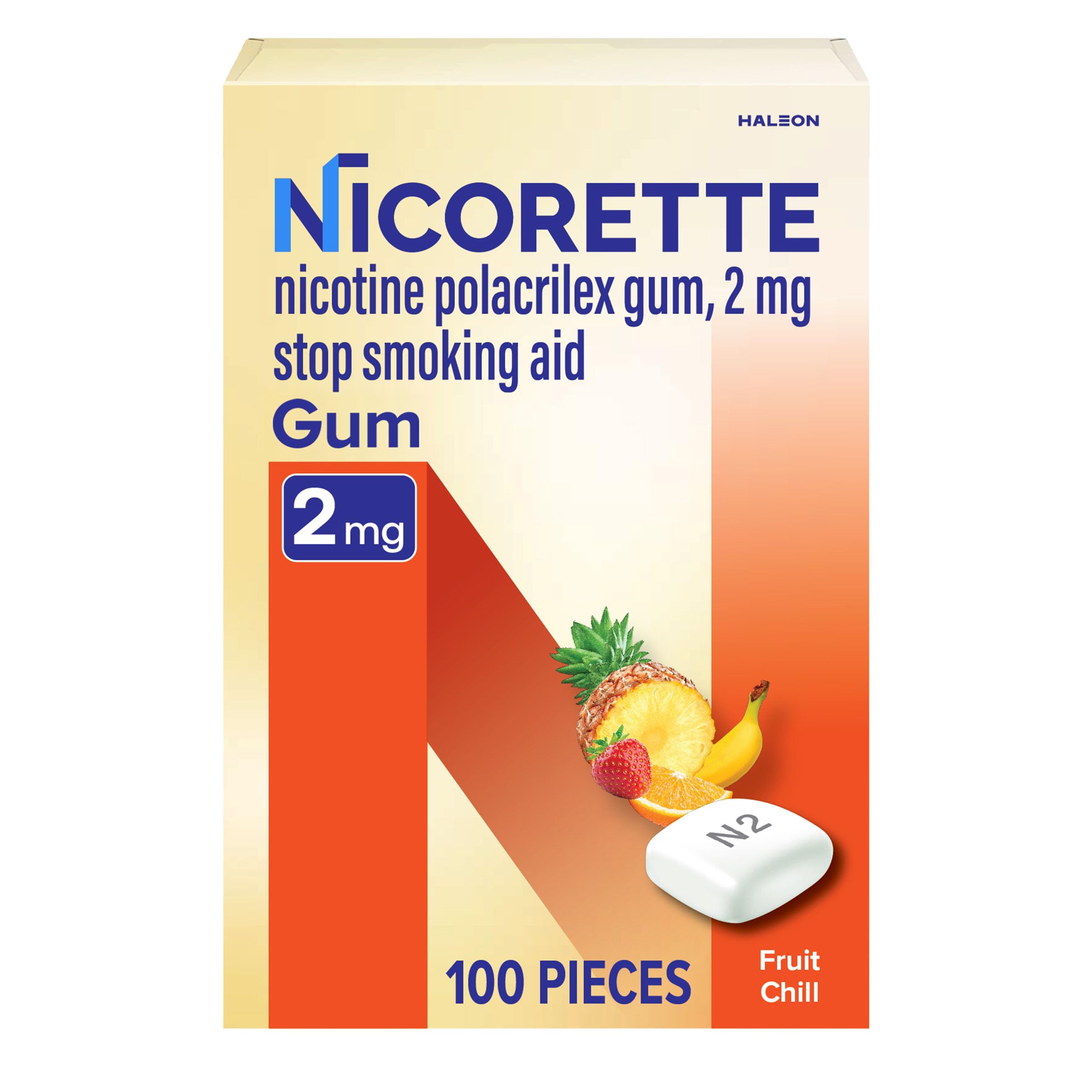 Nicorette Fruit Chill gum pack front showing 100 count box for quit smoking support