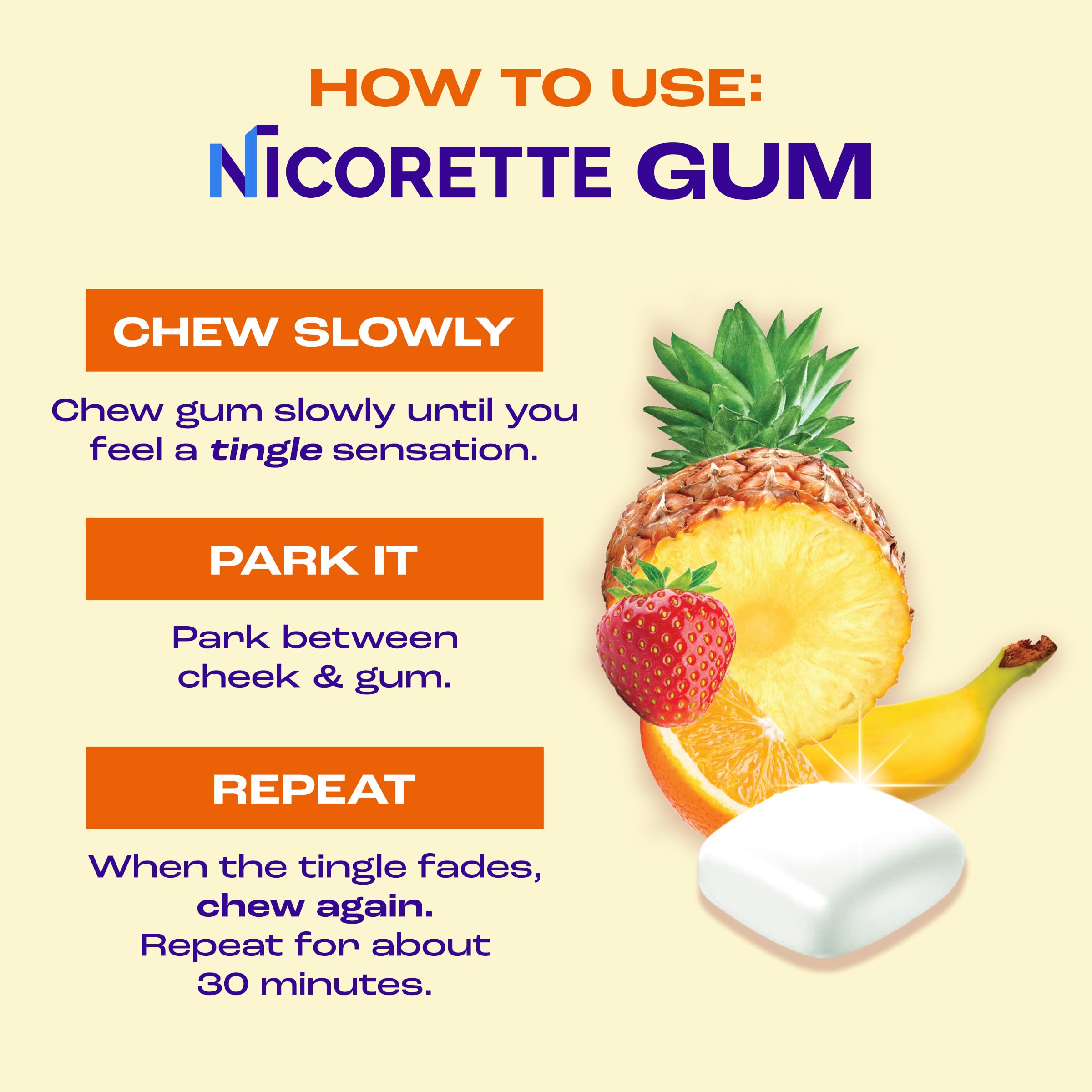 Nicorette logo on pack with vibrant Fruit Chill imagery.