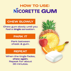 Nicorette logo on pack with vibrant Fruit Chill imagery.