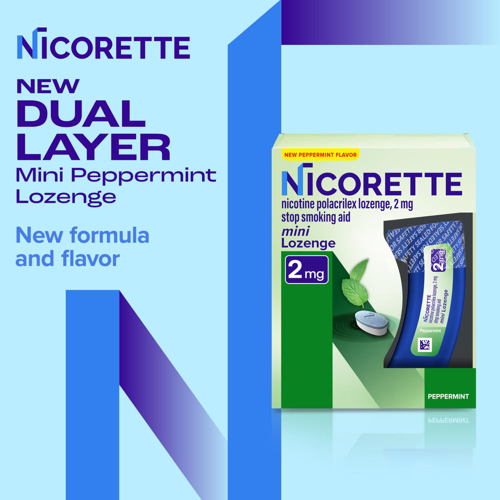 Nicorette lozenges in a compact dispenser for portable use.