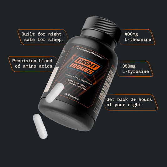 Night Moves capsules close-up highlighting caffeine-free nootropic formula for calm focus