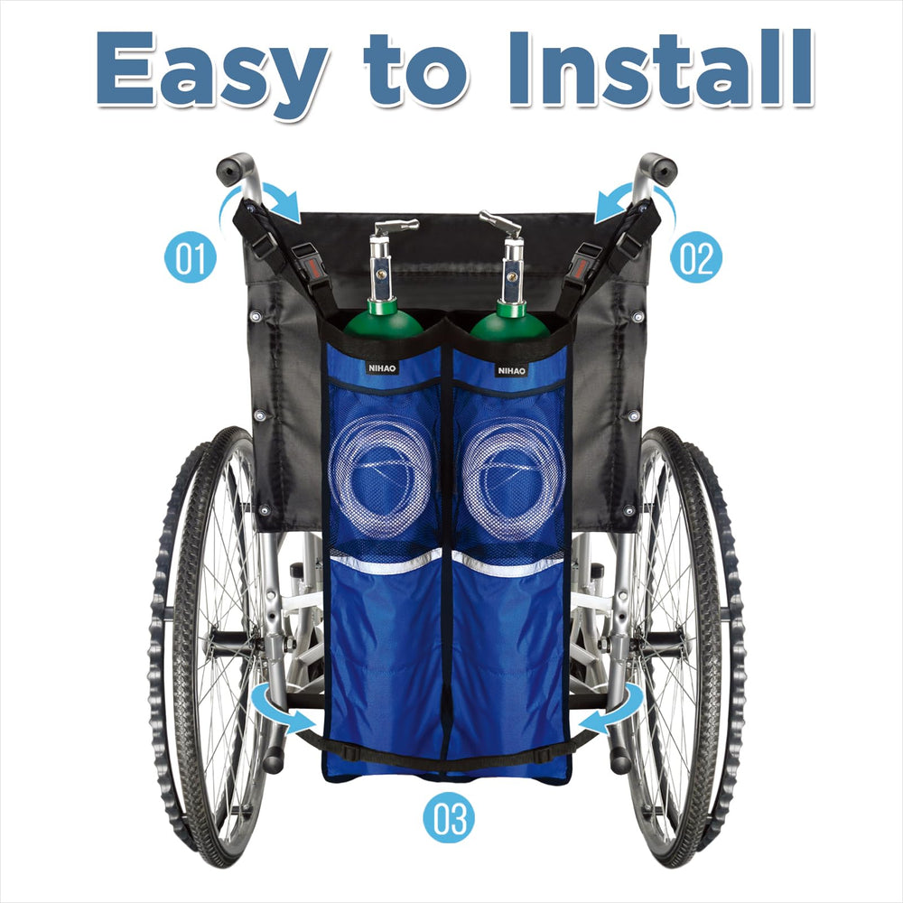 NIHAO adjustable straps and clasps securing the bag on a wheelchair