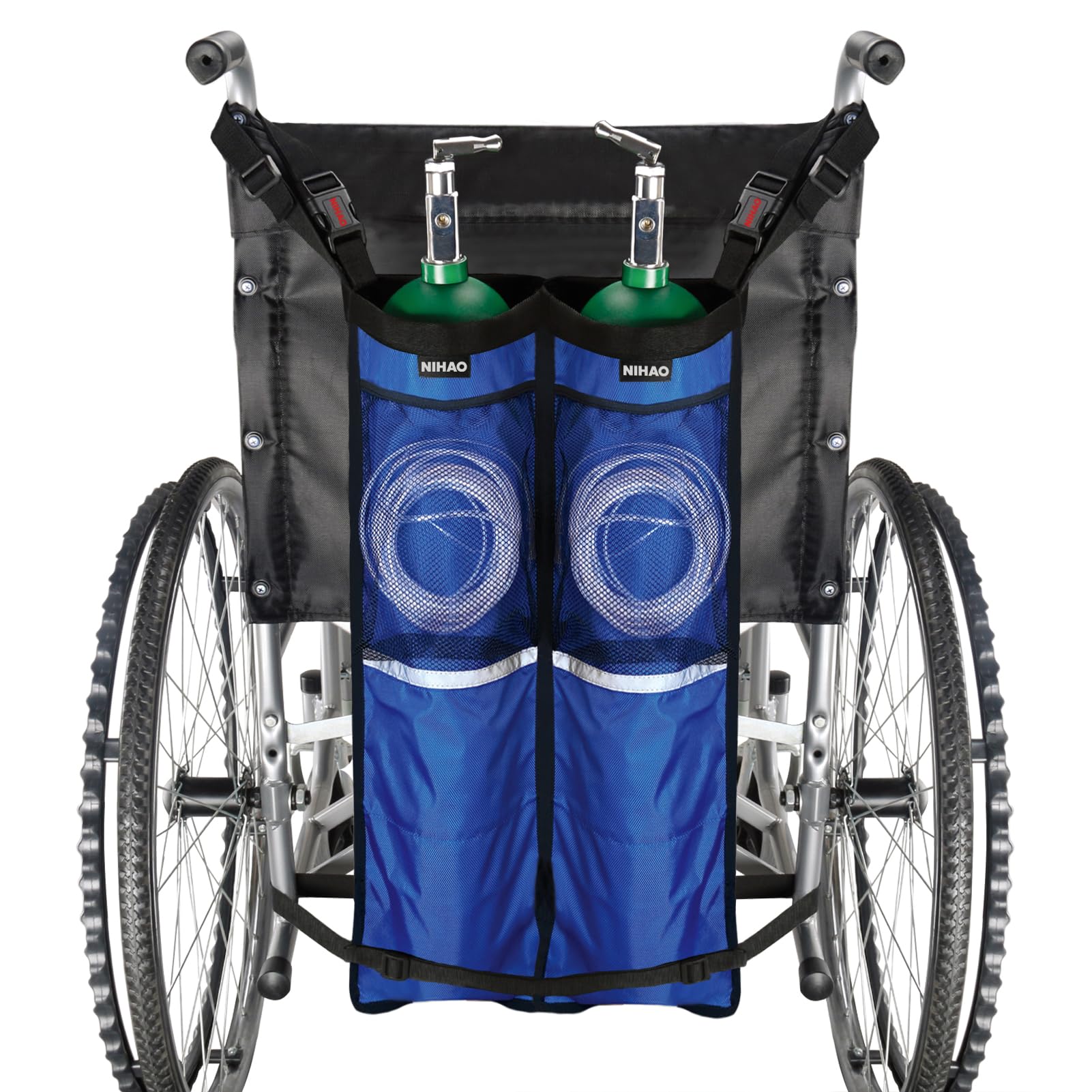 NIHAO dual oxygen tank holder on a wheelchair showing secure carry solution