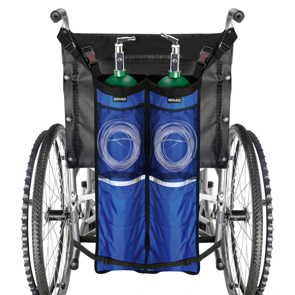 NIHAO dual oxygen tank holder on a wheelchair showing secure carry solution