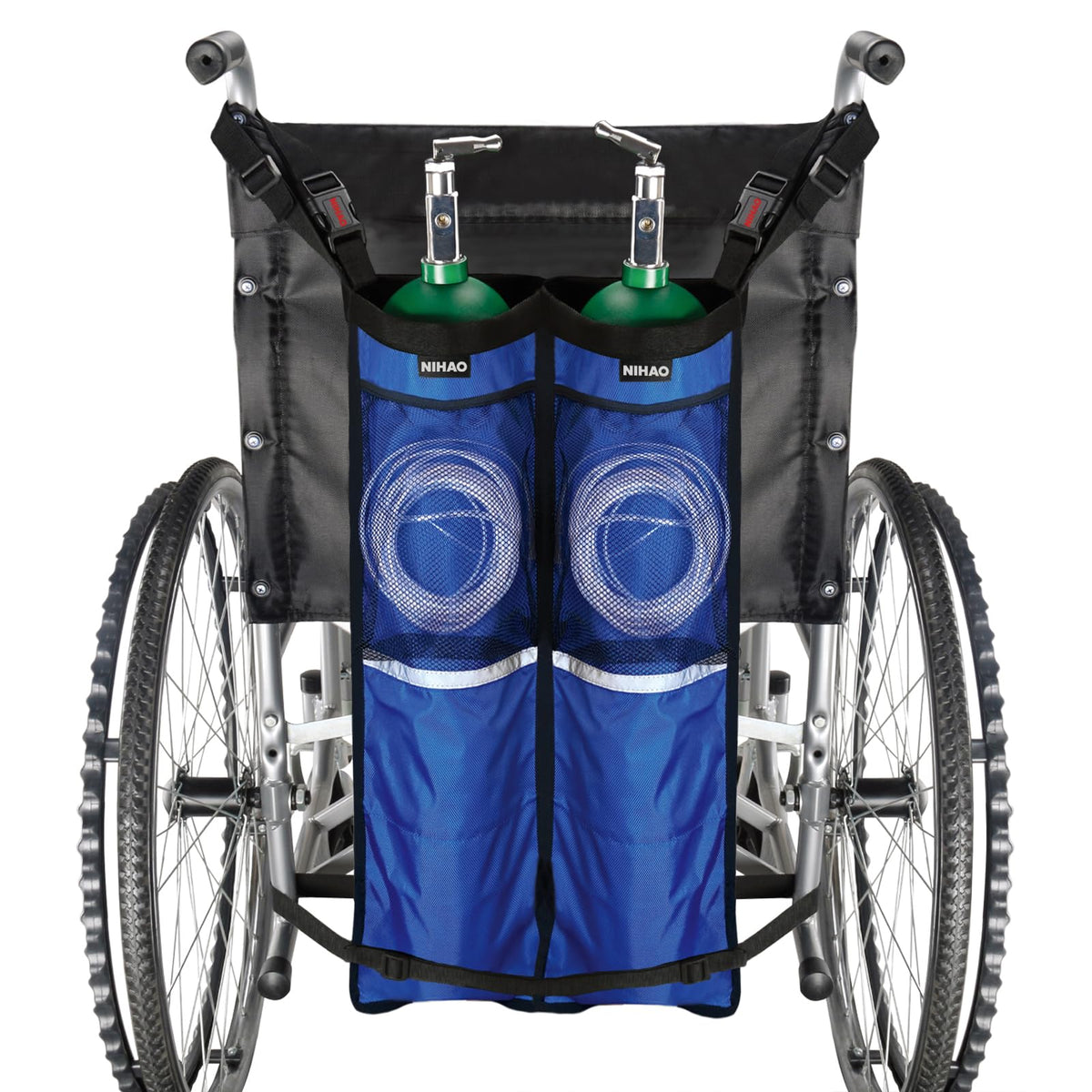 NIHAO dual oxygen tank holder on a wheelchair showing secure carry solution