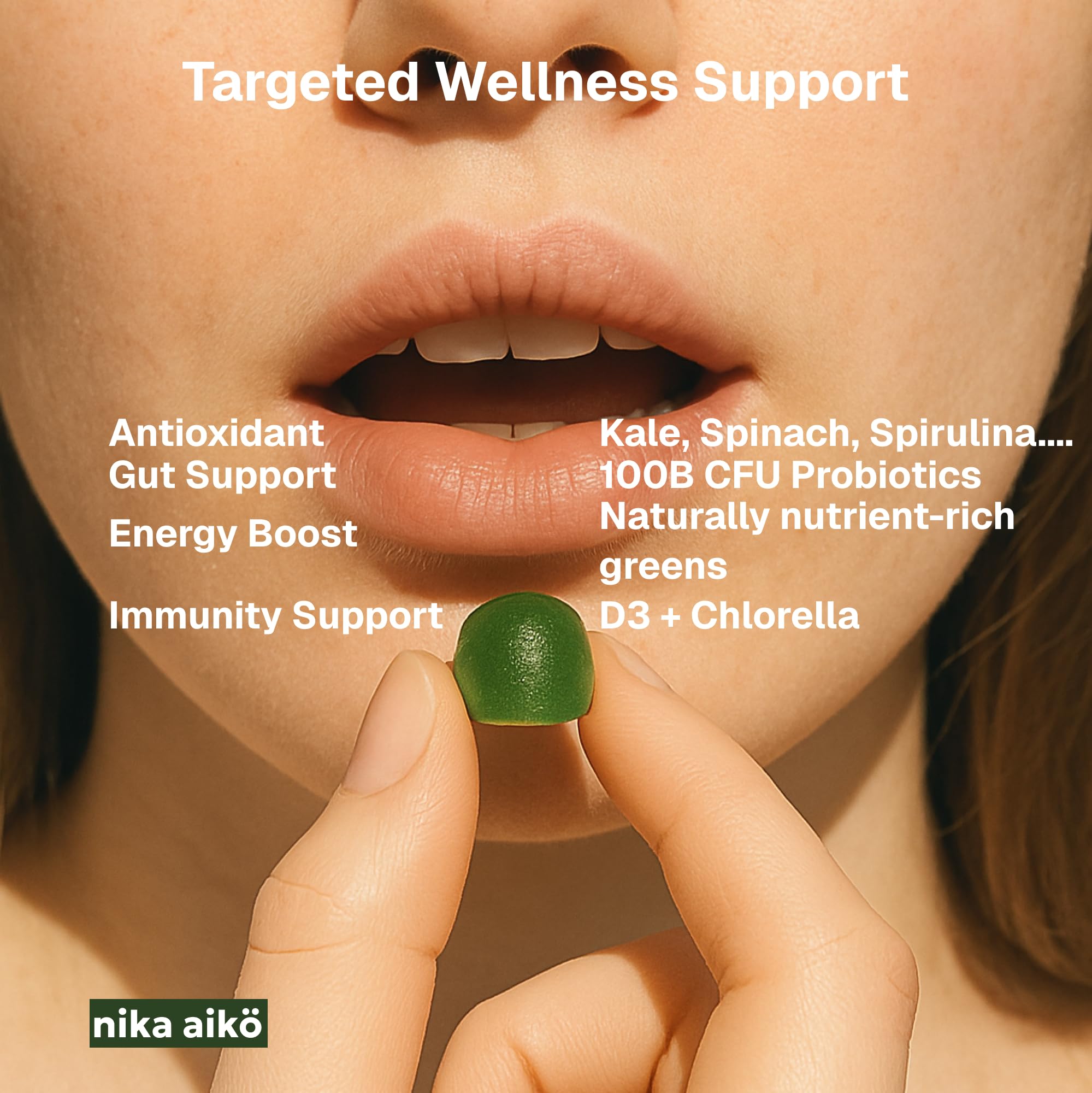 nika aiko Greens Gummies bottle pouch demonstrates convenient resealability and freshness