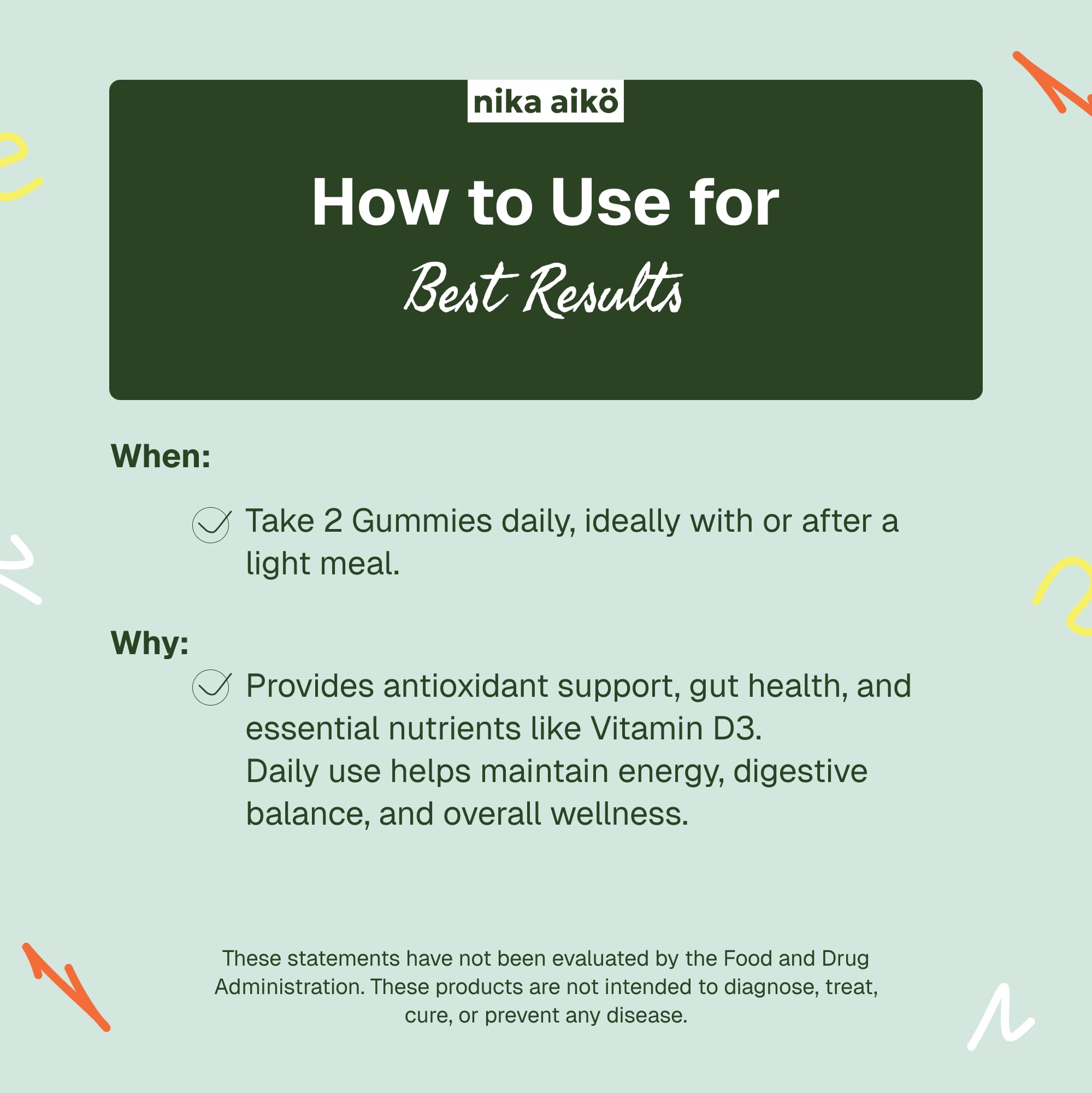 nika aiko Greens Gummies energy-supporting formula hints at daily vitality