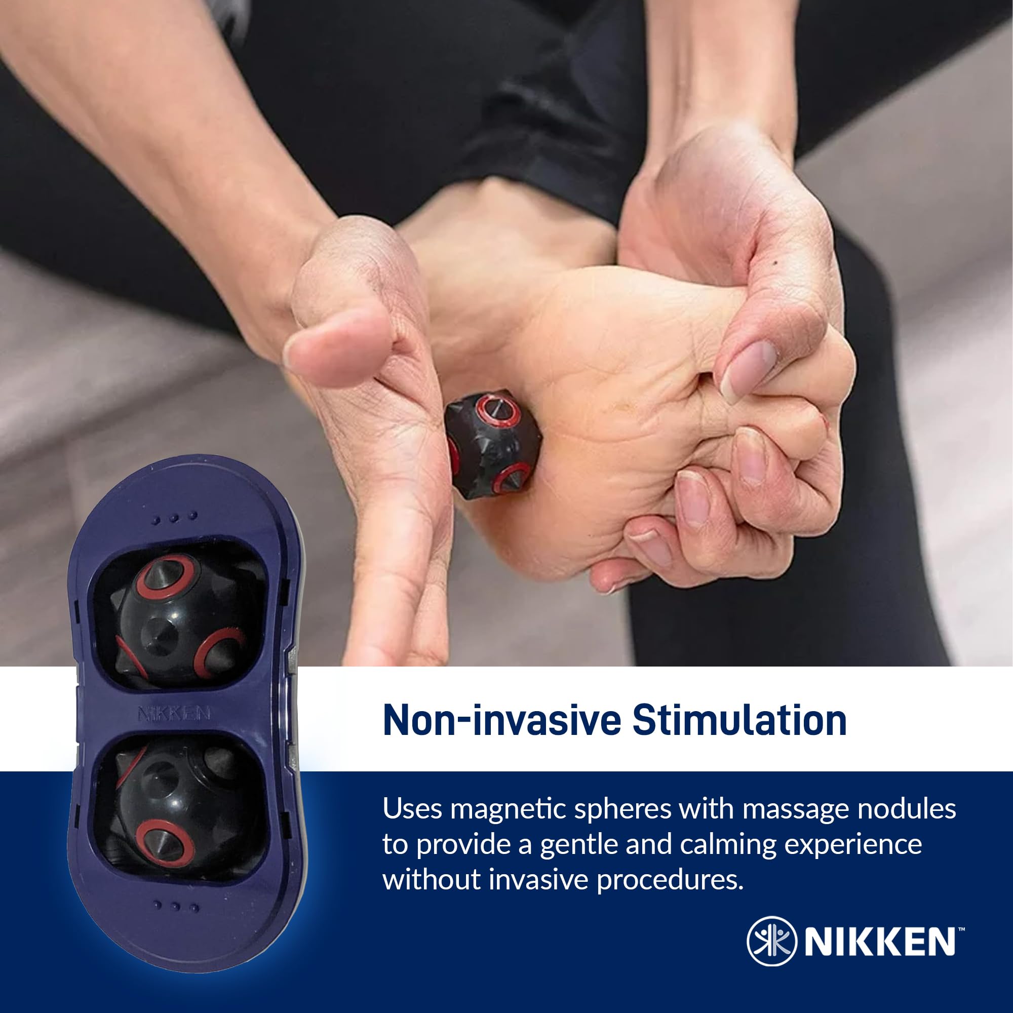 Nikken MagDuo in use on shoulder for tension relief.