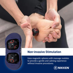 Nikken MagDuo in use on shoulder for tension relief.