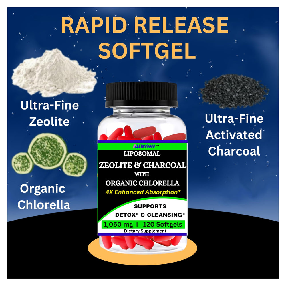 Nikoni bottle ingredients overview showing zeolite, charcoal and chlorella trio