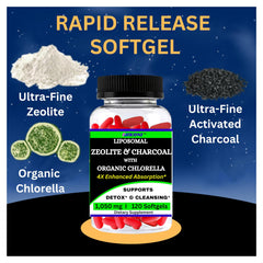 Nikoni bottle ingredients overview showing zeolite, charcoal and chlorella trio