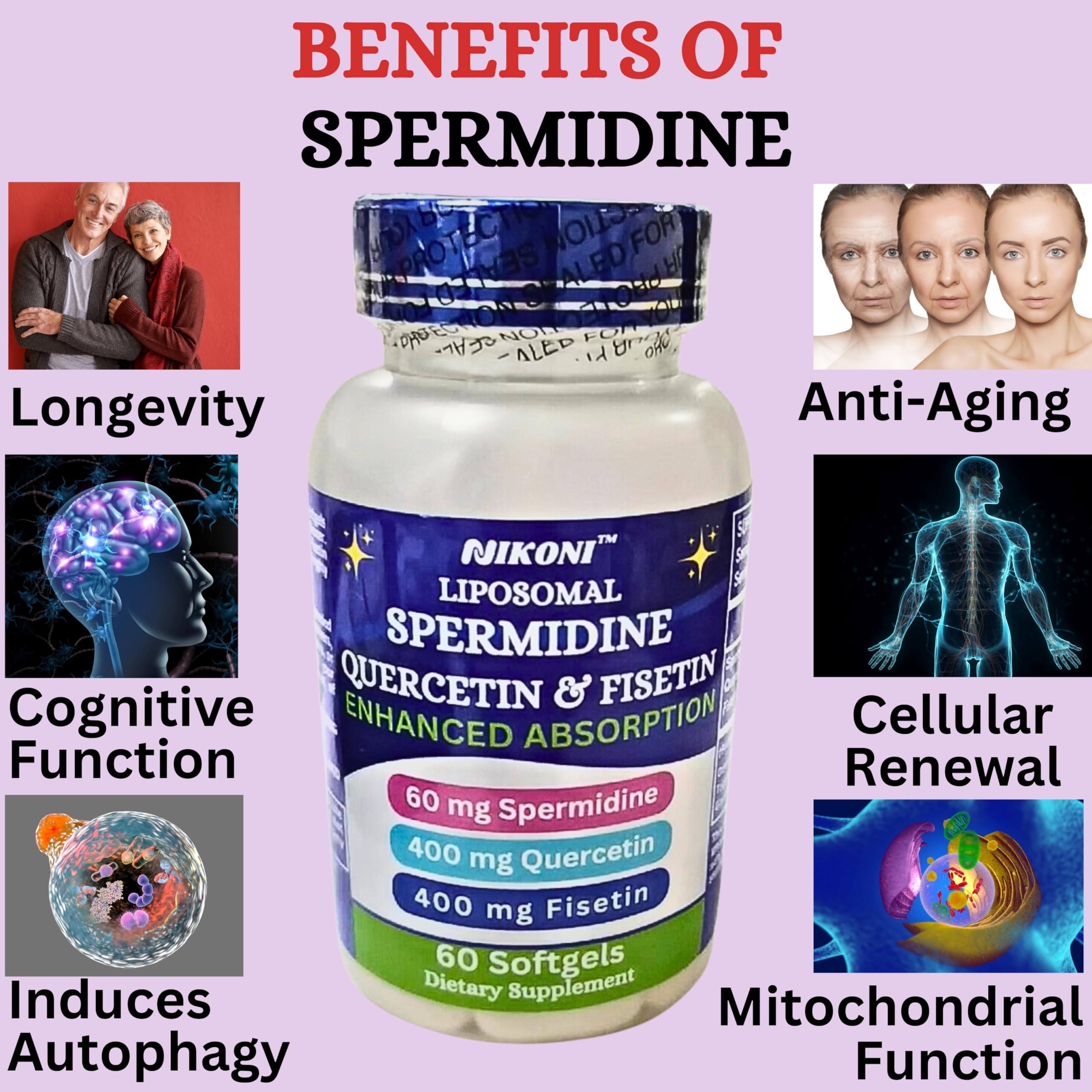 Nikoni ingredients close-up showing spermidine, quercetin, fisetin for antioxidant support.