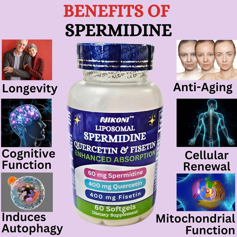 Nikoni ingredients close-up showing spermidine, quercetin, fisetin for antioxidant support.